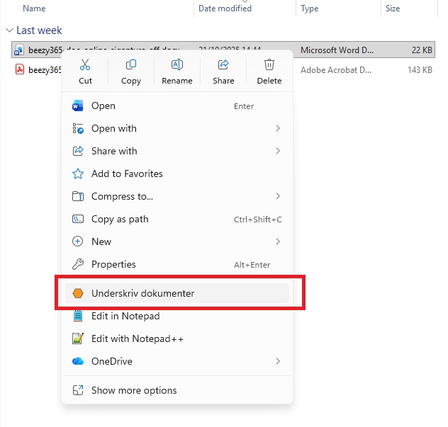 Højre Kilk og vælg Underskriv dokument